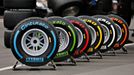 The full range of Formula One tyres of Italian official F1 tyres supplier Pirelli are lined up July 4, 2013, in preparation for this weekend's German F1 Grand Prix at the