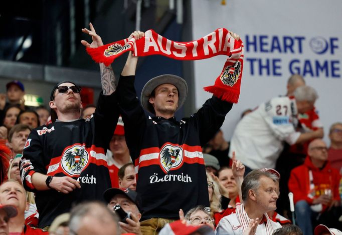 Ice Hockey - IIHF World Championships - Group A - Norway v Austria - Prague Arena, Prague, Czech Republic - May 19, 2024 Austria fans in the stands REUTERS/Eva Korinkova