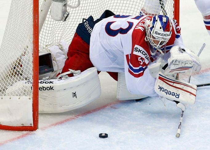 Goaltender Alexander Salak of the Czech Republic saves during the third period of their men's ice hockey World Championship Group A game against Italy at Chizhovka Arena