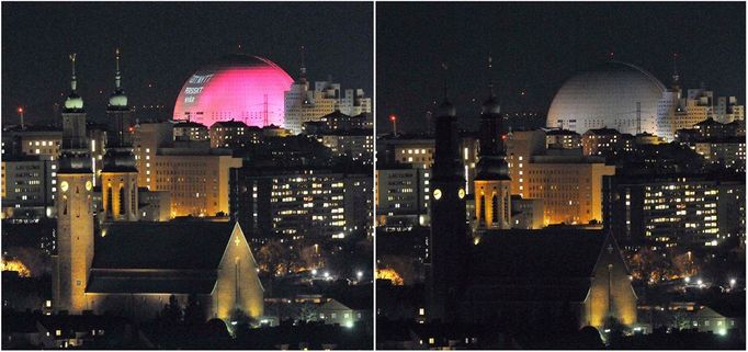 Stockholm, Švédsko. V popředí kostel Hogalid, v pozadí Ericsson Globe arena.