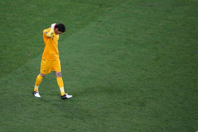 Hugo Lloris je zklamaný z gólu Španělska během čtvrtfinálového utkání Španělska s Francií na Euru 2012.