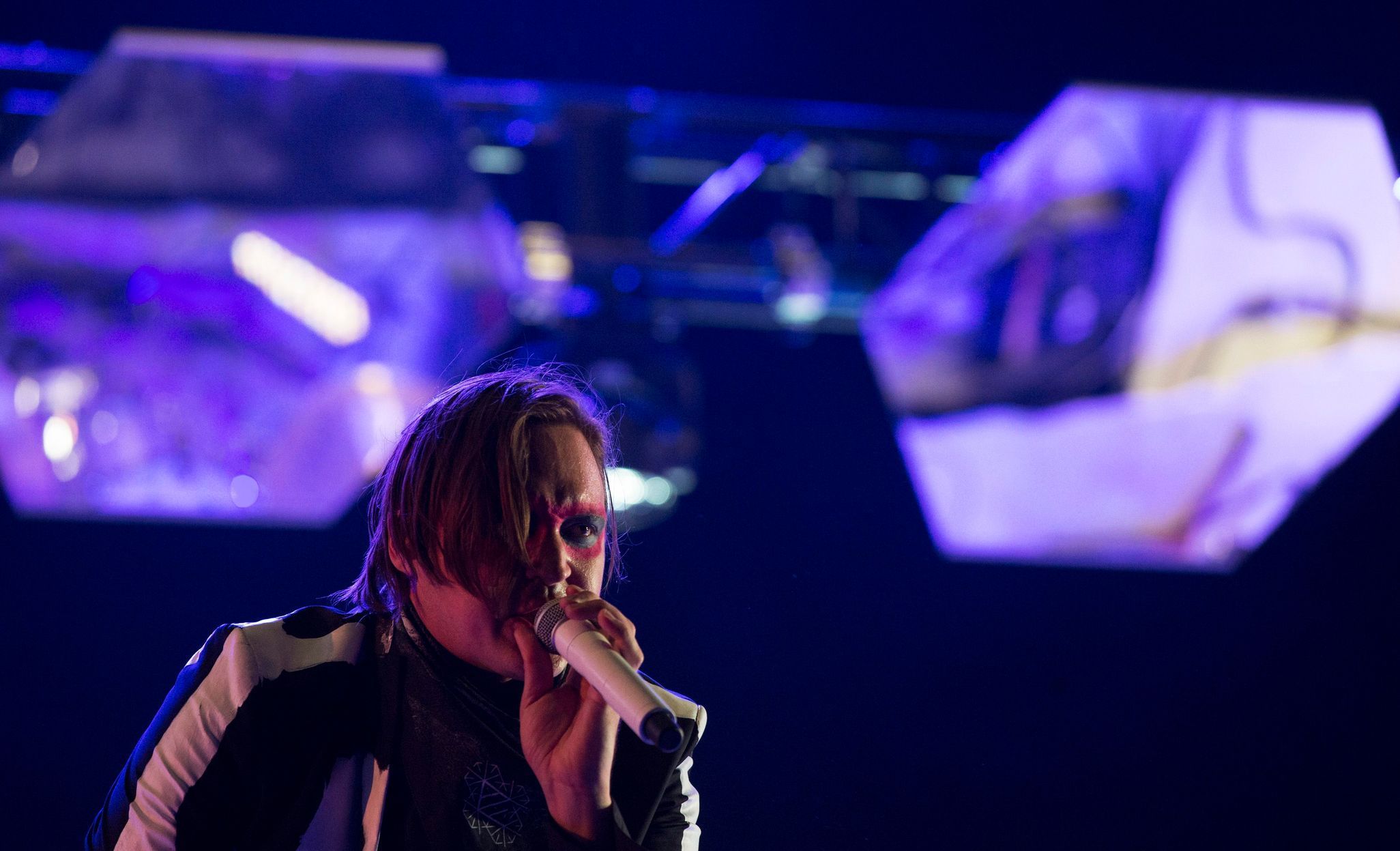 Lead vocalist Win Butler of rock band Arcade Fire performs at the Coachella Valley Music and Arts Festival in Indio