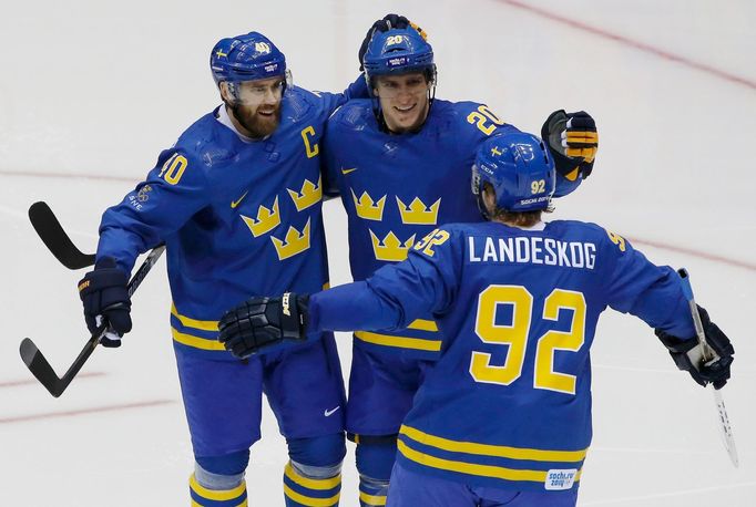 Soči 2014, ČR-Švédsko: Henrik Zetterberg (40), Alexander Steen (20), Gabriel Landeskog (92) slaví gól