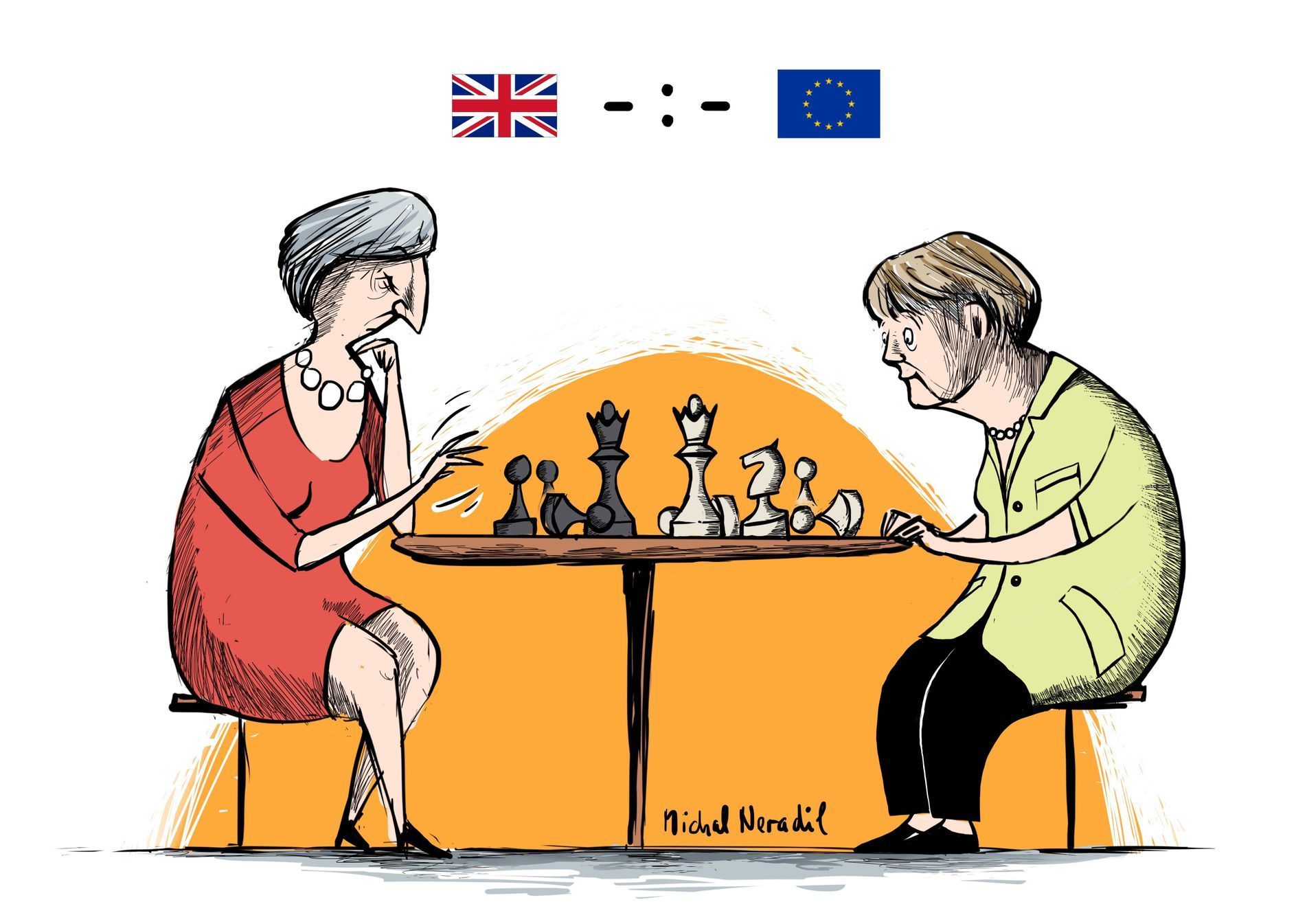 Mayová Merkelová brexit kresba