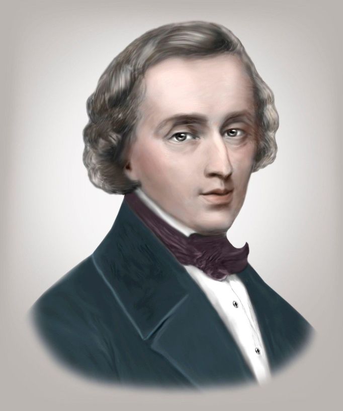 Portrét Fryderyka Chopina. Nadaný skladatel komponoval taneční skladby, valčíky, nokturna či klavírní sonáty. Mezi jeho obdivovatele patřil i Bedřich Smetana.