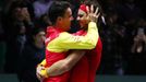 Tennis - Davis Cup Finals - Final - Caja Magica, Madrid, Spain - November 24, 2019   Spain's Rafael Nadal celebrates with Roberto Bautista Agut after winning his match ag