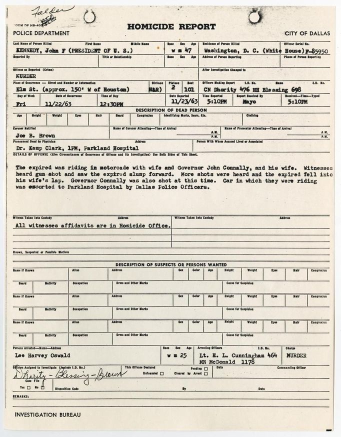 The Dallas Police Department homicide report declaring the assassination of former U.S. President John F. Kennedy a homicide, is seen in this scan from the Dallas Police John F. Kennedy collection.