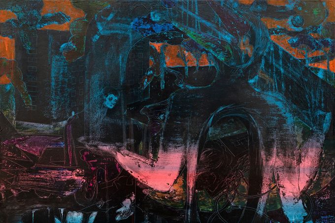 Josef Bolf: Looking Through, 2019, olej, vosk a tuš na plátně, 70 x 90 cm.
