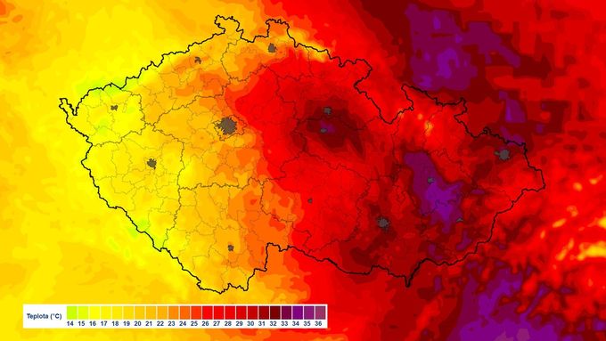 Očekávaná denní teplotní maxima v pondělí 21. července.