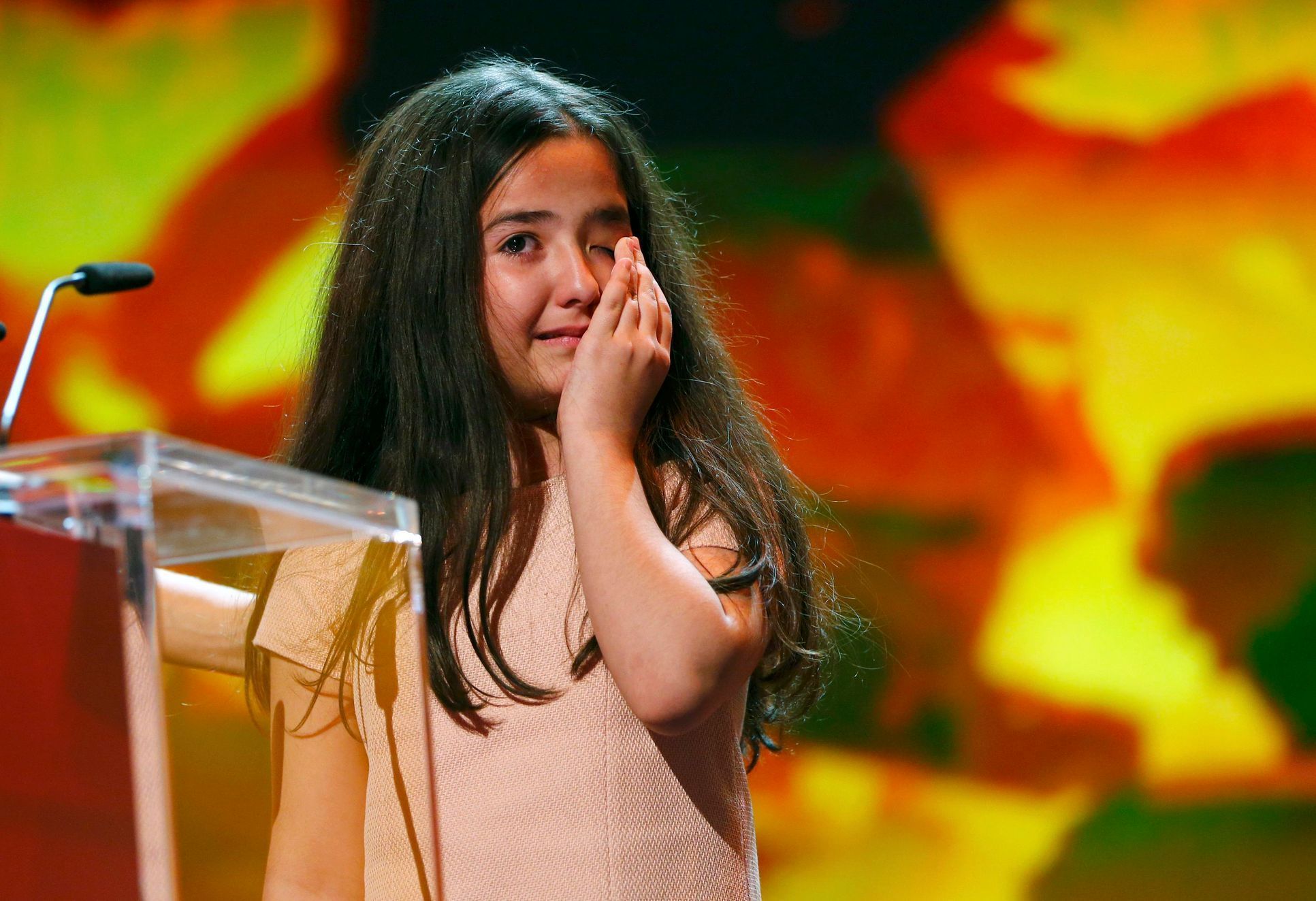 Saeidi niece of Iranian film director Panahi accepts the Golden Bear for Best Film on her uncle's behalf during awards ceremony at 65th Berlinale International Film Festival in Berlin