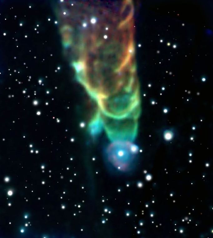 Cosmic Tornado Light-years in length, this cosmic tornado is actually a powerful jet cataloged as HH (Herbig-Haro) 49/50. Though such energetic outflows are well known to be associated with the formation of young stars, the exact cause of the spiraling structures apparent in this case is still mysterious. The embryonic star responsible for the 62 mile per second jet is located just off the top of the picture, while the bright star seen near the tip of the jet may just by chance lie along the line of sight. HH49/50 is about 450 light-years distant, located in the Chamaeleon I molecular cloud. Image Credit: NASA/JPL-Caltech/J. Bally (Univ. of Colorado) et al.