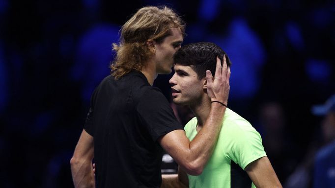 Tennis - ATP Finals - Pala Alpitour, Turin, Italy - November 13, 2023 Germany's Alexander Zverev with Spain's Carlos Alcaraz after winning their group stage match REUTERS