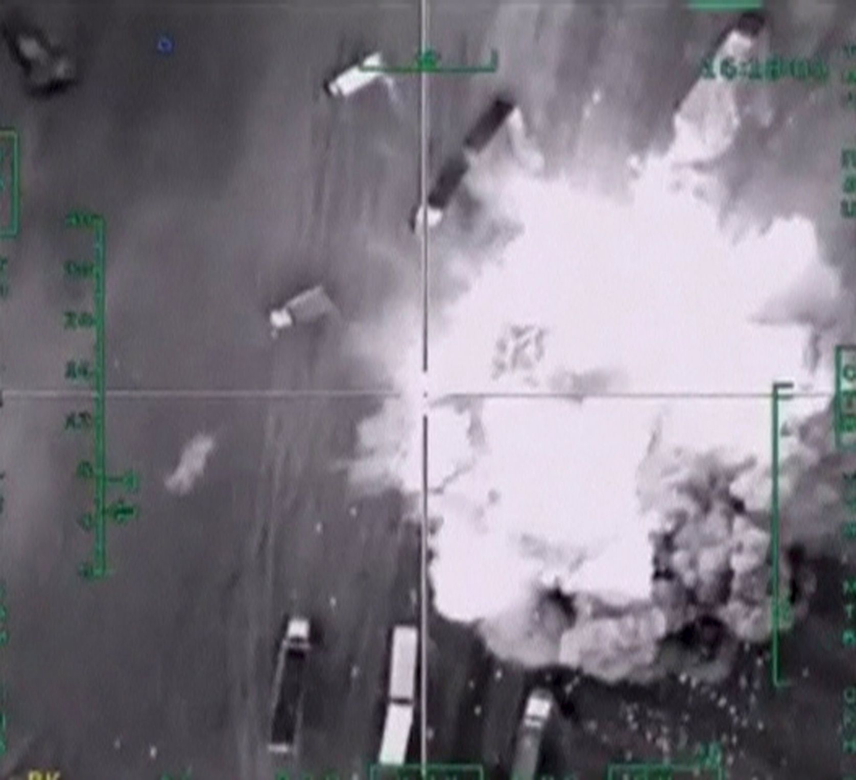 Záběr z bombardování, zveřejněný ruským ministerstvem obrany.