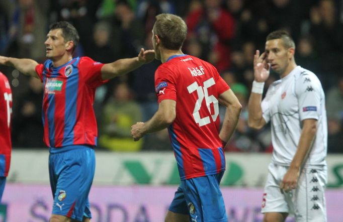 Fotbalista Plzně Daniel Kolář slaví gól v utkání proti Hapoelu Tel Aviv během Evropské ligy 2012/13.