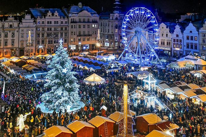 Pohled na vánoční strom v Plzni na náměstí Republiky. 3. 12. 2023