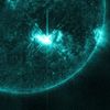 Independence Day Solar Fireworks This image, captured by the Solar Dynamics Observatory, shows the M5.3 class solar flare that peaked on July 4, 2012, at 5:55 AM EDT. The flare is shown in the 131 Angstrom wavelength, a wavelength that is particularly good for capturing the radiation emitted from flares. The wavelength is typically colorized in teal as shown here. Image Credit: NASA/SDO/AIA/Helioviewer