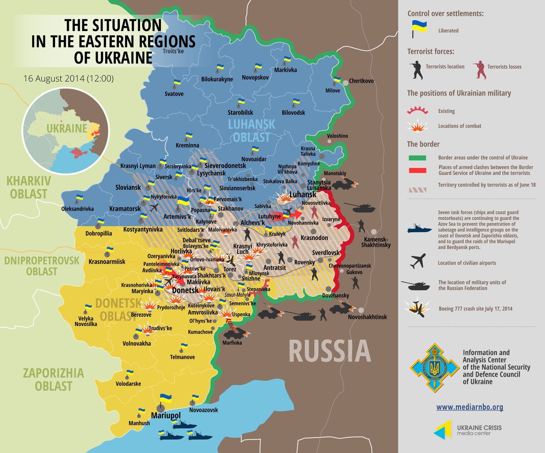 Ukrajina - mapa bojů 18.8. podle Ukraine Crisis Media Center