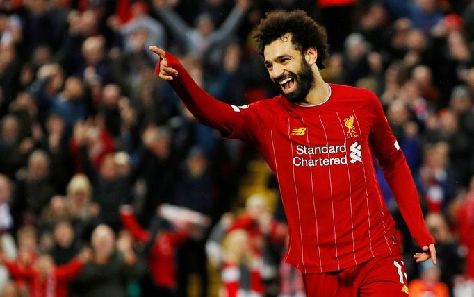 Soccer Football - Premier League - Liverpool v Southampton - Anfield, Liverpool, Britain - February 1, 2020  Liverpool's Mohamed Salah celebrates scoring their fourth goa