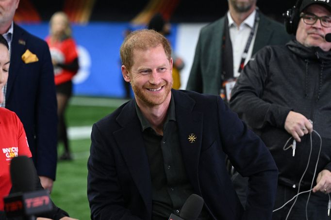 Nov 17, 2024; Vancouver, British Columbia, CAN;  Prince Harry, Duke of Sussex announces prior to the game between Toronto Argonauts and Winnipeg Blue Bombers at BC Place.