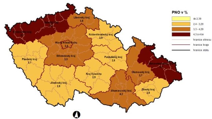 Podíl nezaměstnaných osob (PNO) na počtu obyvatel v krajích ČR k 30. listopadu 2020