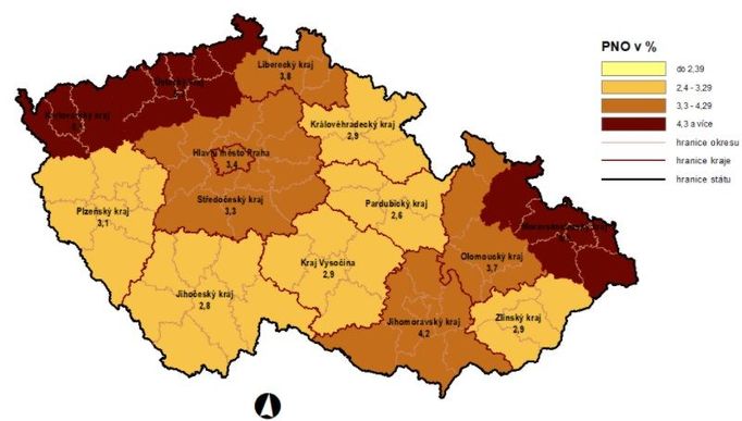 Podíl nezaměstnaných osob (PNO) na počtu obyvatel v krajích ČR k 30. listopadu 2020