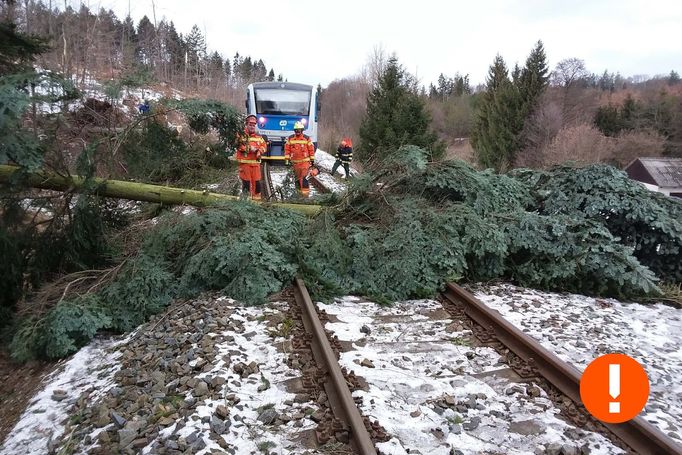 Kvůli silnému větru zůstávají na kolejích popadané stromy. 30. 1. 2022