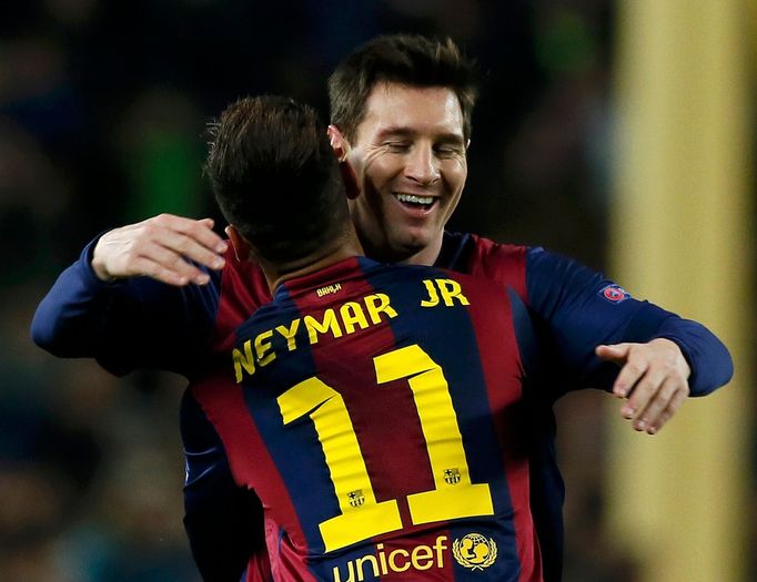 Barcelona's Neymar celebrates after scoring a goal against Paris St Germain during their Champions League Group F soccer match at the Nou Camp stadium in Barcelona