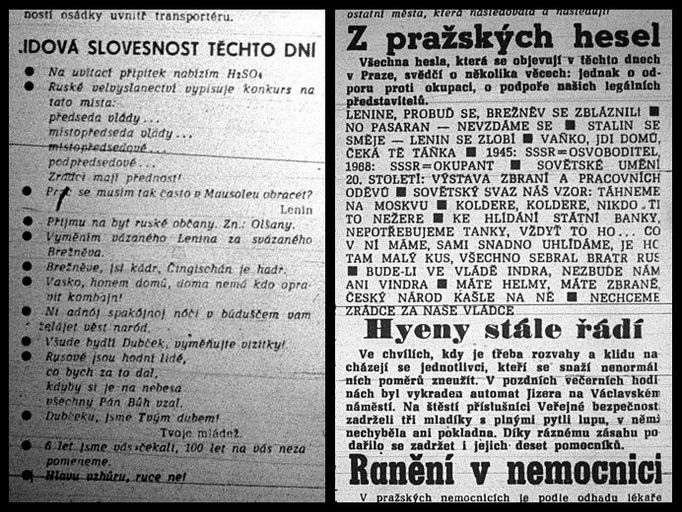 Vlevo Rudé právo z 27. srpna 1968, vpravo Lidová demokracie z 24. srpna 1968.