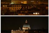 Svatopetrská bazilika v Římě během "Hodiny Země" a pak znovu v plném nasvícení.