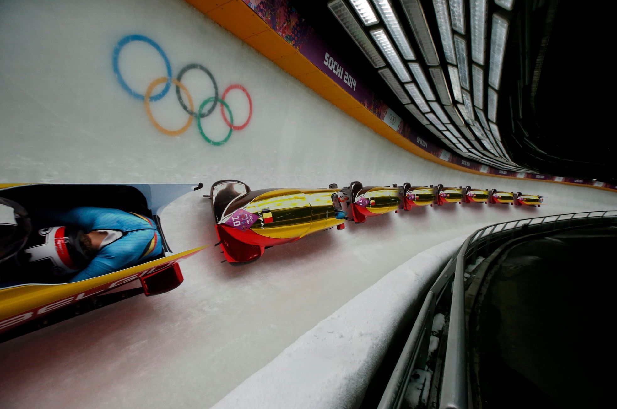 Belgium's pilot Willemsen and Marien speed down the track during the women's bobsleigh event at the 2014 Sochi Winter Olympics