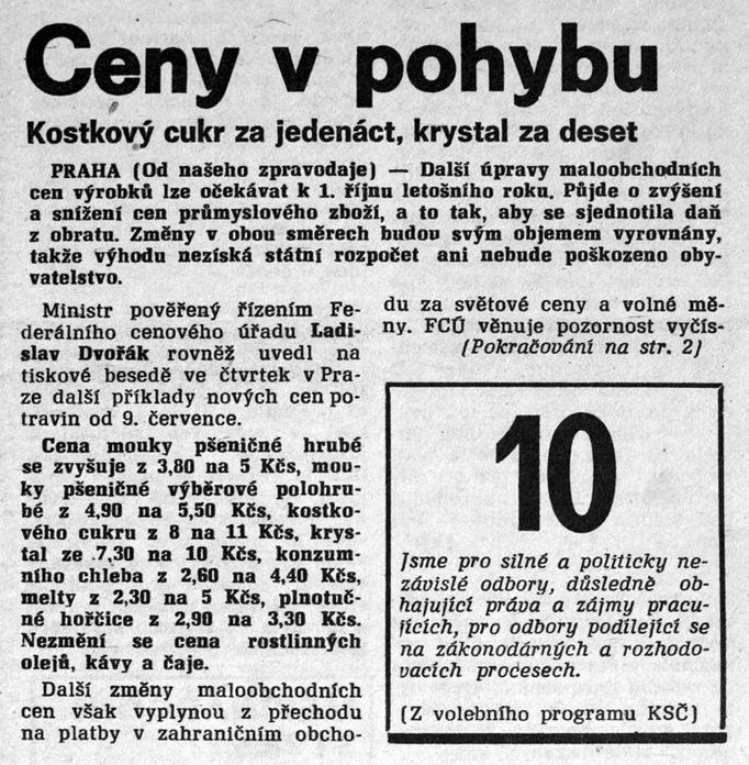 Tou dobou také začínala ekonomická reforma od plánovaného hospodářství k tržnímu. Rudé právo, pátek 8. června 1990, titulní strana