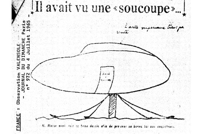 Dobová kresba objektu, který farmář Maurice Masse údajně pozoroval ve Valensole ve Francii dne 1. července 1965. Snímek byl otištěn v tisku 4.
