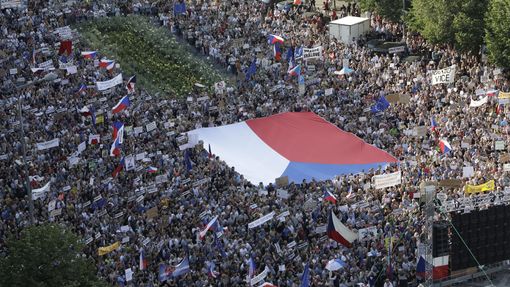 Záběr z demonstrace „Máme toho dost! Chceme demisi!“ proti Andreji Babišovi a Marii Benešové na Václavském náměstí.  4. 6. 2019.