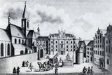Mariánské náměstí v polovině 18. století. Mědirytina podle kresby F. B. Wernera. Vlevo kostel Panny Marie Na Louži, v pozadí východní průčelí Klementina.