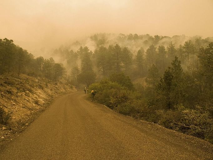 Smoke from wildfires fills the air along a road in the Gila National Forest, New Mexico, in this handout photo made available on June 4, 2012. Firefighters battling New Mexico's largest-ever blaze gained ground on Sunday and officials said they would begin to allow evacuated residents to return home on Monday. REUTERS/Kari Greer/InciWeb/United States Forest Service/Handout (UNITED STATES - Tags: ENVIRONMENT DISASTER) FOR EDITORIAL USE ONLY. NOT FOR SALE FOR MARKETING OR ADVERTISING CAMPAIGNS. THIS IMAGE HAS BEEN SUPPLIED BY A THIRD PARTY. IT IS DISTRIBUTED, EXACTLY AS RECEIVED BY REUTERS, AS A SERVICE TO CLIENTS Published: Čer. 5, 2012, 12:29 dop.