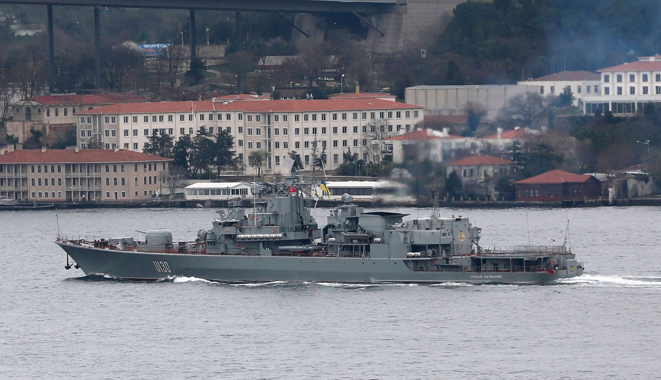 Ukraine Navy's flagship, the Hetman Sahaidachny frigate, sets sail in the Bosphorus on its way to Black Sea, in Istanbul