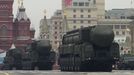 Russian Topol-M strategic ballistic missiles carriers roll down the Red Square, in Moscow, Russia, Wednesday, May 9, 2012, during the Victory Day Parade, which commemorates the 1945 defeat of Nazi Germany. (AP Photo/Ivan Sekretarev)