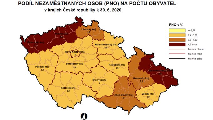 Podíl nezaměstnaných osob na počtu obyvatel v krajích ČR k 30. 6. 2020