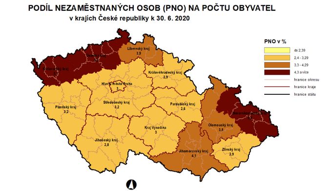 Podíl nezaměstnaných osob na počtu obyvatel v krajích ČR k 30. 6. 2020