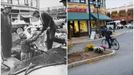 A combination photo (L) shows then United States Senator John F. Kennedy (R, in photo) shaking hands with workers in Medford Square in Medford, Massachusetts in June 1958 and a bicyclist riding around the same spot on November 11, 2013. November 22, 2013 marks the 50th anniversary of the assassination of former President Kennedy.