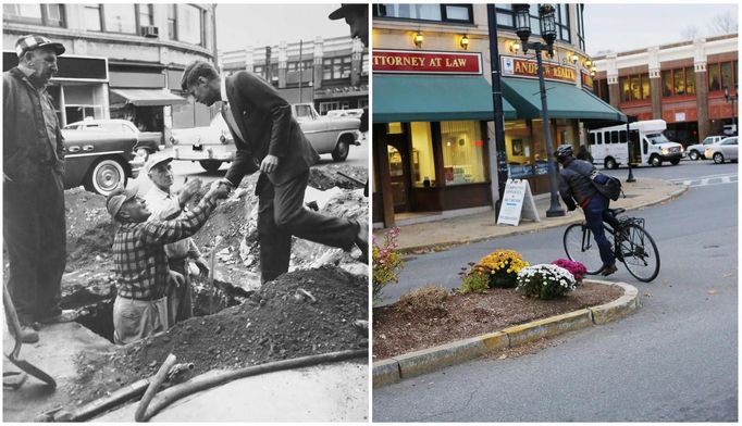 A combination photo (L) shows then United States Senator John F. Kennedy (R, in photo) shaking hands with workers in Medford Square in Medford, Massachusetts in June 1958 and a bicyclist riding around the same spot on November 11, 2013. November 22, 2013 marks the 50th anniversary of the assassination of former President Kennedy.