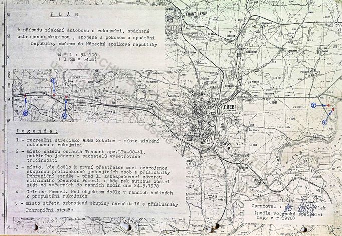 Mapa vyznačující plán k případu získání autobusu s rukojmími, spáchané ozbrojenou skupinou, spojené s pokusem o opuštění republiky směrem do Německé spolkové republiky.