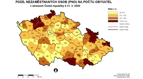 Podíl nezaměstnaných osob na počtu obyvatel v okresech ČR k 31. 3. 2020