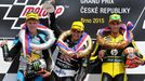 VC České republiky 2015,  Moto2: zleva druhý Esteve Rabat ze Španělska, první Johann Zarco z Francie a třetí Alex Rins ze Španělska.