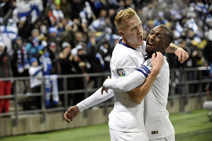 Soccer Football - Euro 2020 - Group J Qualification - Finland v Liechtenstein - Helsinki, Finland November 15, 2019. Jasse Tuominen of Finland celebrates his 1-0 goal wit