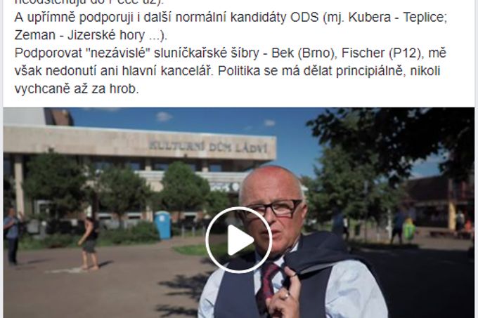 Screenshot z Facebooku Václava Klause ml.
