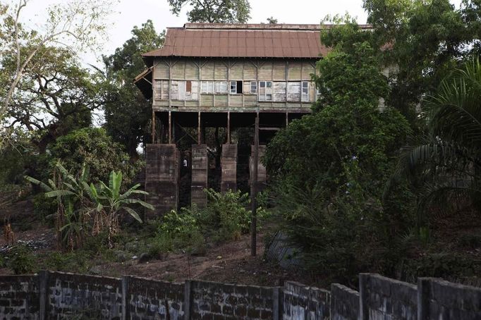 Former British colonial administration building stands on stilts in Hill Station neighbourhood of Sierra Leone's capital Freetown