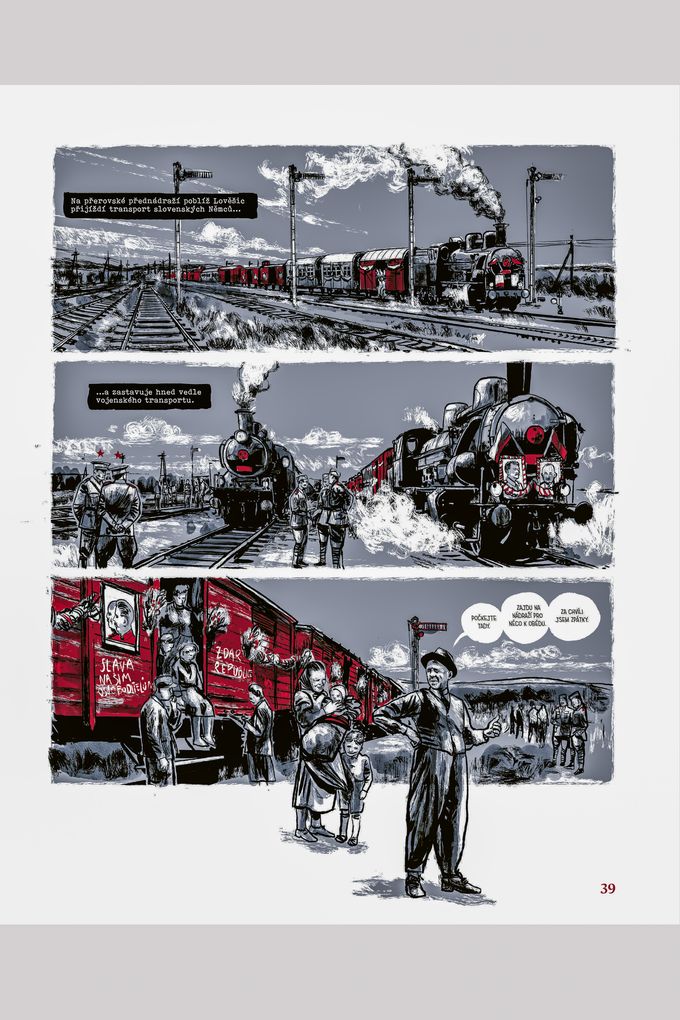 Ukázka z komiksu Temné obilí (2025) autorů Martina Šinkovského a Petra Nováka (TICHO762), který zpracovává masakr na Švédských šancích z června 1945.