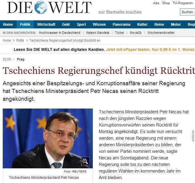 Nečas - rezignace - Die Welt