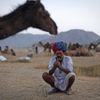 A camel herder lights a cigarette near a camel at Pushkar Fair in the desert Indian state of Rajasthan November 23, 2012. Many international and domestic tourists throng to Pushkar to witness one of the most colourful and popular fairs in India. Thousands of animals, mainly camels, are brought to the fair to be sold and traded. REUTERS/Danish Siddiqui (INDIA - Tags: SOCIETY ANIMALS) Published: Lis. 23, 2012, 5:15 odp.